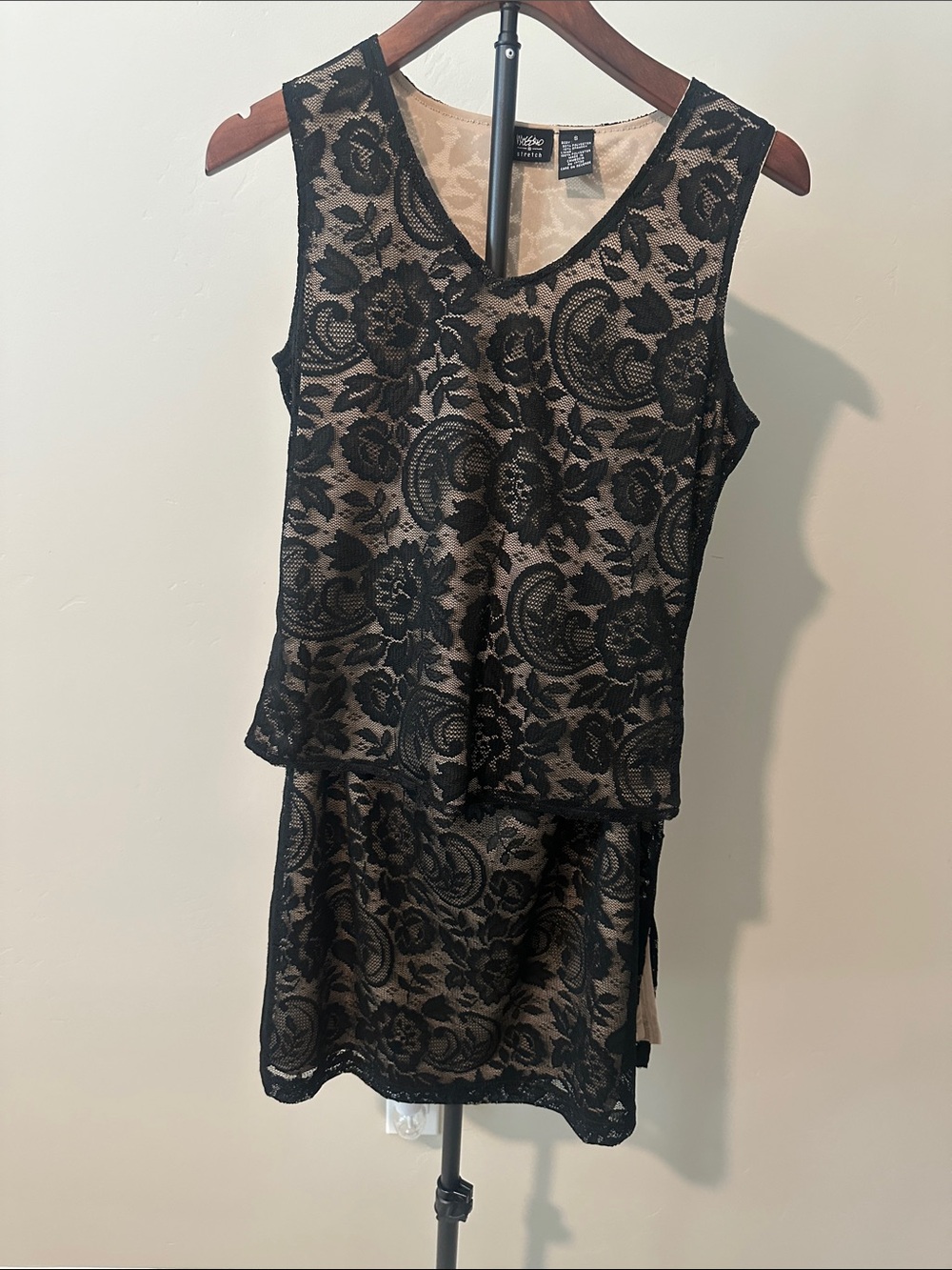 Massimo Black Lace Overlay Sheath Dress with Nude Lining